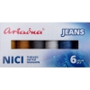Zestaw 6 nici do szycia Jeansu Ariadna Talia w odcieniach brązu, szarości i niebieskiego. Nici umieszczone w prostokątnym opakowaniu z widocznym logo Ariadna i napisem JEANS. Wymiary nici to 30/70m i 80C/150m.