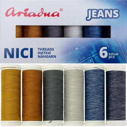 Zestaw 6 nici do szycia Jeansu Ariadna Talia w odcieniach brązu, szarości i niebieskiego. Nici umieszczone w prostokątnym opakowaniu z widocznym logo Ariadna i napisem JEANS. Wymiary nici to 30/70m i 80C/150m.