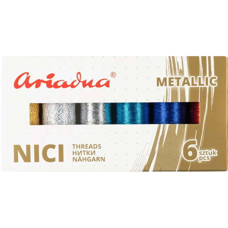 Zestaw 6 metalicznych nici do szycia Ariadna w odcieniach złotym, srebrnym, niebieskim i czerwonym, umieszczonych w opakowaniu. Nici w dwóch grubościach: 30N/150m i 40N/250m, o błyszczącej fakturze, idealne do dekoracyjnych szycia.