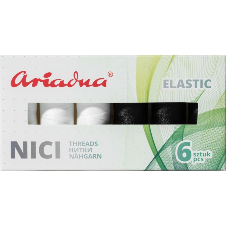 Zestaw 6 elastycznych nici do szycia Ariadna, w kolorach białym i czarnym. Nici umieszczone w kartonowym opakowaniu z przezroczystym okienkiem, widoczny napis ELASTIC oraz liczba sztuk 6. Opakowanie ozdobione zielonymi wzorami.