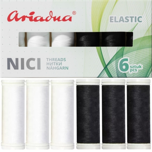 Zestaw 6 elastycznych nici do szycia Ariadna, w kolorach białym i czarnym. Nici umieszczone w kartonowym opakowaniu z przezroczystym okienkiem, widoczny napis ELASTIC oraz liczba sztuk 6. Opakowanie ozdobione zielonymi wzorami.