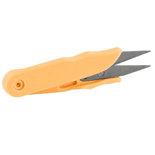 Obcinaczki do nitek o długości 10,5 cm w kolorze pomarańczowym, z metalowymi ostrzami. Ujęcie z boku, z zamkniętymi ostrzami. Ergonomiczny uchwyt zapewniający wygodę użytkowania. Idealne do precyzyjnego cięcia nitek i drobnych materiałów.