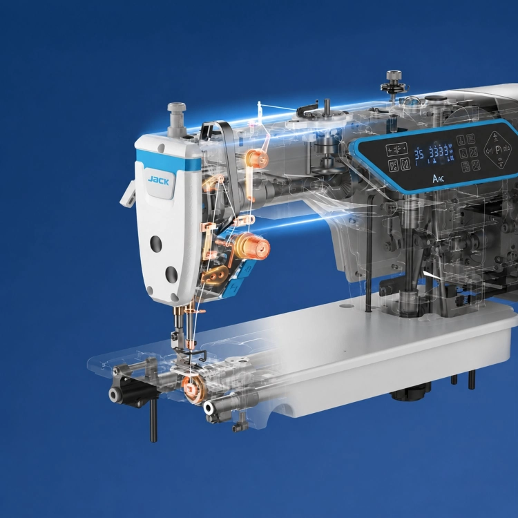 Automatyczna stebnówka JACK A4B-A-CHL-7 w kolorze szaro-niebieskim, z widocznym powiększonym chwytaczem i jednoigłowym mechanizmem. Ujęcie z boku, pokazujące detal igły oraz płytkę ściegową. Przeznaczona do średnich i ciężkich materiałów.