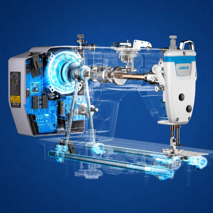 Automatyczna stebnówka JACK A4B-A-CHL-7 z dużym chwytaczem, zbliżenie na panel sterujący. Widoczna ręka ustawiająca parametry na wyświetlaczu LCD. W kolorze białym z niebieskimi akcentami, przeznaczona do szycia średnich i ciężkich materiałów.