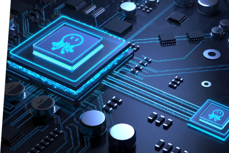 Grafika przedstawia elektroniczny układ sterowania maszyny JACK z procesorem Octopus Dual-Core AI. Widoczna jest płytka z komponentami, która odpowiada za analizę grubości materiału i dopasowanie parametrów szycia.