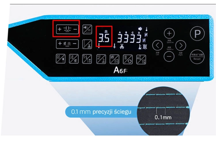 Panel sterujący stebnówki JACK A6F-E z wyświetlaczem cyfrowym, przyciskami do regulacji długości ściegu, ustawieniem oraz ikonami ściegów. Wskazanie długości 3.5 mm oraz precyzja 0.1 mm. Kolor czarny z niebieskimi detalami.