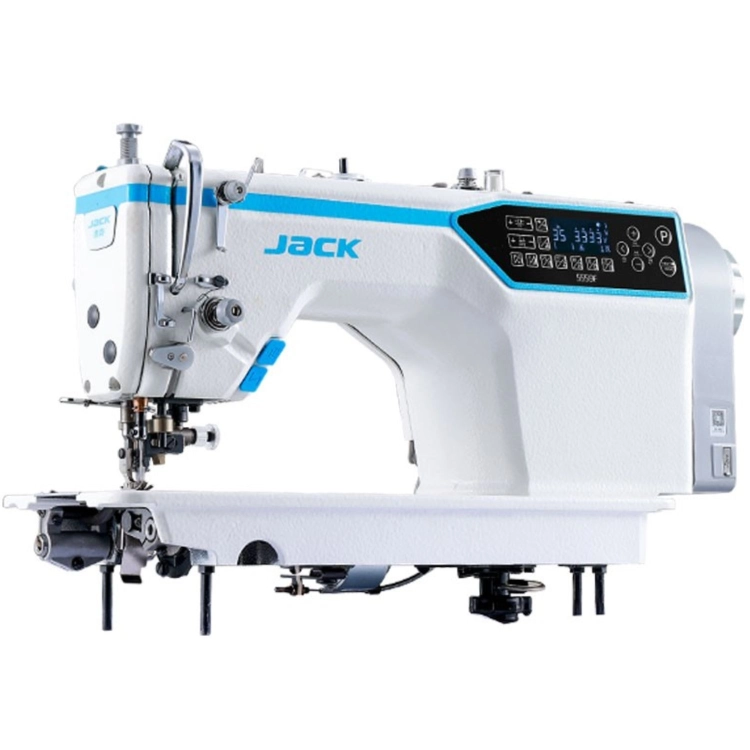 Stebnówka JACK JK-5559F została pokazana pod lekkim kątem od strony przedniej. Widoczne są panel sterowania, mechanizm igielnicy, odkrawacz boczny oraz elementy napędu umieszczone w dolnej części głowicy.