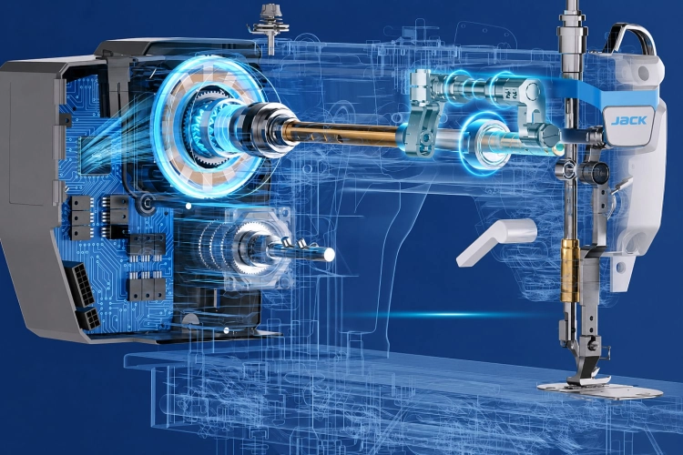 Zdjęcie pokazuje techniczny przekrój maszyny z mocno wyeksponowanym silnikiem, wałem napędowym, elektroniką i mechanizmem igielnicy. Grafika podkreśla zintegrowanie napędu z głowicą oraz elektroniczne sterowanie pracą maszyny.