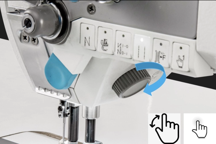 Panel regulatorów nici JACK Z7-29100 umożliwia osobne ustawienie naprężenia dla obu torów prowadzenia. Prawidłowa regulacja ogranicza pętelki, ściąganie materiału oraz różnice w wyglądzie dwóch przeszyć.
