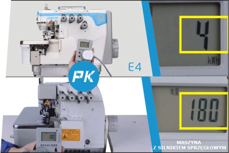 Owerlok JACK E4S-4-M03/333, 4-nitkowy, widok z boku. Maszyna z silnikiem sprzęgłowym oraz wyświetlaczem pokazującym zużycie energii (4 kWh) i prędkość (180). Na obudowie logo JACK i oznaczenia.