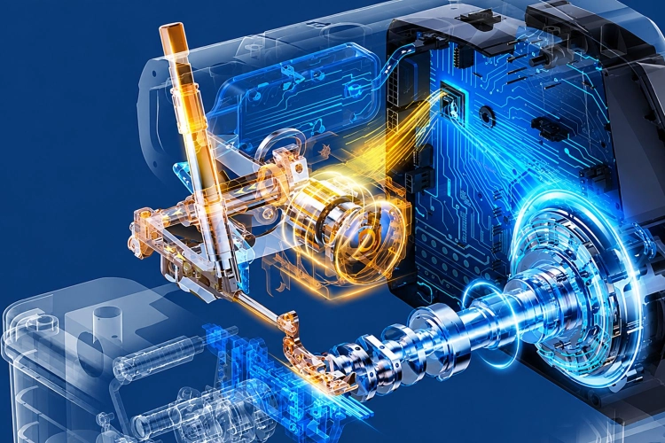 Elektroniczny układ sterowania koordynuje pracę silnika, igielnicy i transportu. Pomaga maszynie szybko reagować na zmiany grubości materiału oraz zachować płynność szycia.