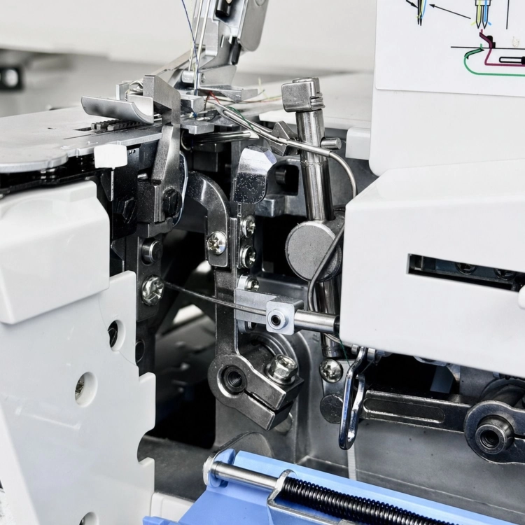 Zbliżenie na chwytacze, nóż i metalowe podzespoły owerloka Minerva AutoFlow Z-One. Fotografia pokazuje precyzyjny mechanizm odpowiedzialny za tworzenie ściegu, obcinanie zapasu i zabezpieczanie krawędzi.