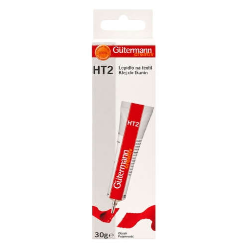 Klej Gutermann HT2 30 g pokazany w oryginalnym opakowaniu sprzedażowym. Na froncie widoczna jest tubka produktu, oznaczenie HT2 oraz informacja o przeznaczeniu do klejenia tkanin i tekstyliów.