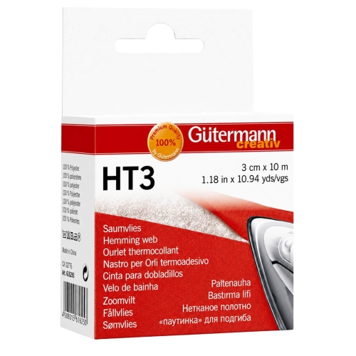 Taśma termoprzylepna Gutermann HT3 o szerokości 3 cm pokazana wraz z oryginalnym opakowaniem. Zdjęcie prezentuje rolkę produktu oraz oznaczenie wymiarów 3 cm x 10 m przeznaczonych do prac tekstylnych.