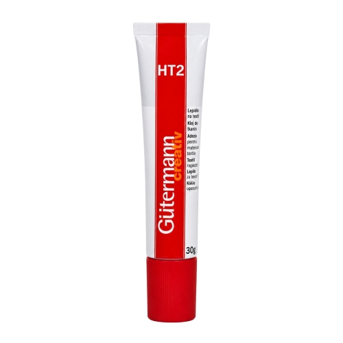 Zdjęcie przedstawia pojedynczą tubkę kleju Gutermann HT2 30 g na białym tle. Produkt ma charakterystyczne czerwono-białe opakowanie i jest przeznaczony do trwałego łączenia tkanin oraz innych materiałów.