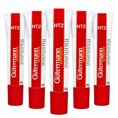 Zestaw pięciu tubek kleju Gutermann HT2 30 g pokazany na białym tle. Zdjęcie jasno prezentuje liczbę produktów w komplecie i pozwala od razu rozpoznać zestaw przeznaczony do regularnych prac z tkaninami.