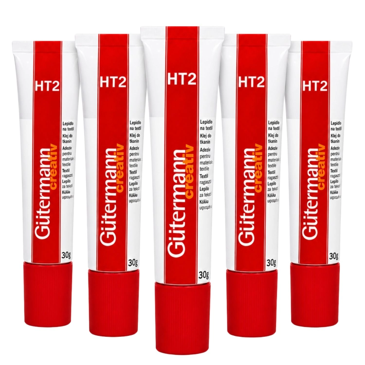Zestaw pięciu tubek kleju Gutermann HT2 30 g pokazany na białym tle. Zdjęcie jasno prezentuje liczbę produktów w komplecie i pozwala od razu rozpoznać zestaw przeznaczony do regularnych prac z tkaninami.