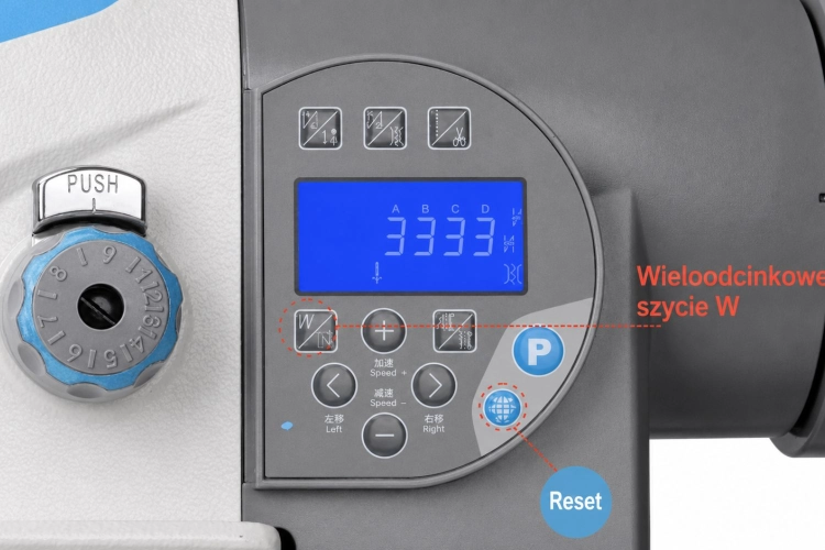 Panel sterowania JACK 2030G umożliwia wygodne ustawianie parametrów pracy maszyny. Czytelny wyświetlacz i przyciski funkcyjne pozwalają szybko zmieniać ustawienia oraz korzystać z dostępnych programów szycia.