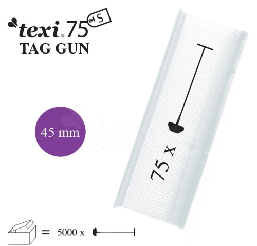 Nitki do etykietowania 45 mm, 75 sztuk w opakowaniu. Przezroczyste żyłki z widocznym logo texi 75. Produkt przeznaczony do użycia z pistoletem do etykietowania, idealny do oznaczania odzieży lub innych przedmiotów.