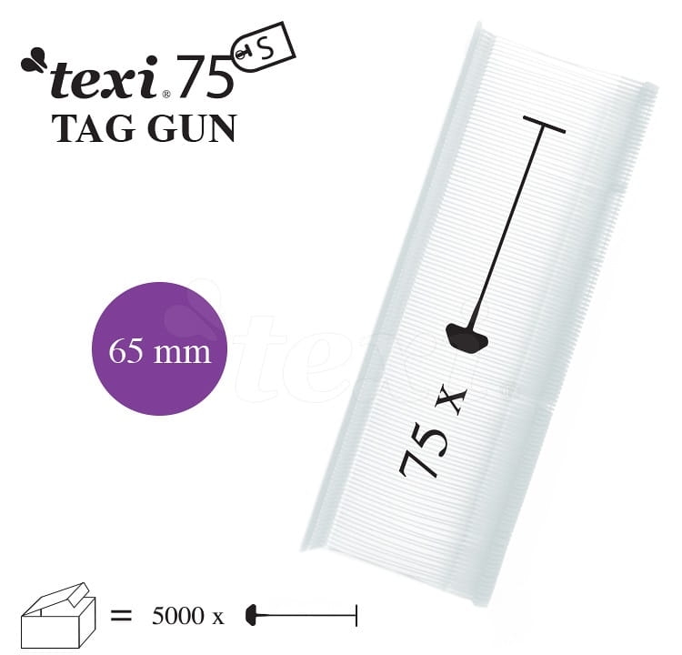 Nitki do etykietowania 65 mm, pakowane po 5000 sztuk. Przezroczyste, z widoczną długością 75 mm. Wyróżniają się prostym kształtem, idealne do mocowania etykiet. Produkt umieszczony na białym tle, z czytelnymi oznaczeniami.