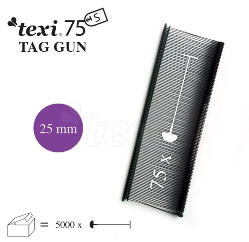 Nitki do etykietowania 25 mm, czarne, w opakowaniu po 5000 sztuk. Widok z przodu, pokazujący długość oraz oznaczenia na żyłkach. Produkt przeznaczony do użycia z pistoletem do etykietowania.