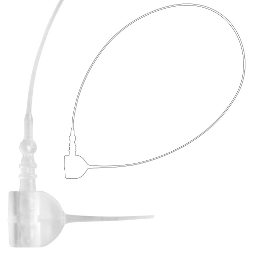 Nitki zabezpieczające do ręcznego etykietowania o długości 230 mm, wykonane z przezroczystego materiału PP. Produkt ma zakończenie w formie kulki z mocowaniem, które umożliwia łatwe etykietowanie. Ujęcie z boku, ukazujące kształt i detal konstrukcji.