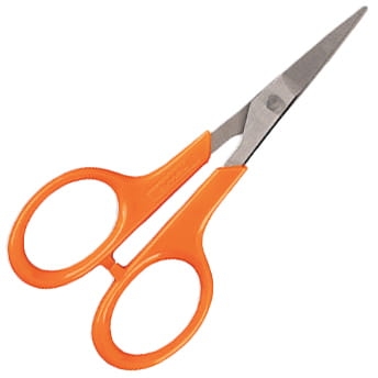 Nożyczki krawieckie Fiskars 1005143 do haftu o długości 10 cm, z ostrzami ze stali nierdzewnej. Rączki w kolorze pomarańczowym, ergonomiczne, z dużymi otworami. Ujęcie frontalne, ukazujące całość narzędzia.