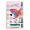 Zestaw 18 nici do haftowania Madeira Polyneon 40 w kolorach pastelowych i intensywnych, opakowanie z grafiką motyla. W zestawie dodatki: szpulka i instrukcja. Nici o długości 1000 m, zapewniające trwałość i intensywność kolorów. Opakowanie przezroczyste.