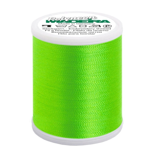 Nić hafciarska Madeira Polyneon 40 w kolorze jaskrawej limonki, o długości 1000 m. Zestawiony w prostokątnym plastikowym pojemniku, z widocznym logo producenta. Gładka tekstura, idealna do haftu, prezentująca intensywny, neonowy odcień zieleni.