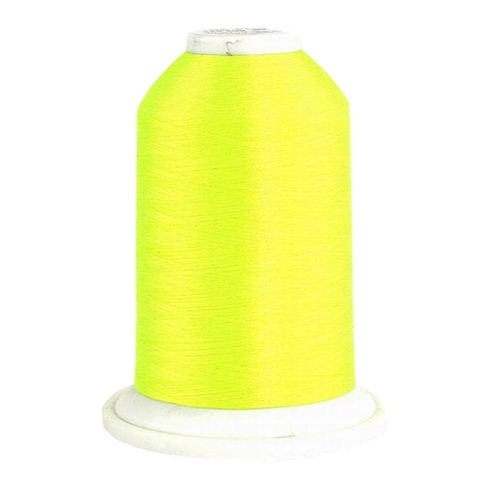 Nić hafciarska Madeira Rheingold Polyneon 40 w jaskrawo limonkowym kolorze, na białym, plastikowym szpuli. Produkt o długości 5000 m, przeznaczony do haftu, z gładką, błyszczącą teksturą. Szpula stojąca, widok frontalny.