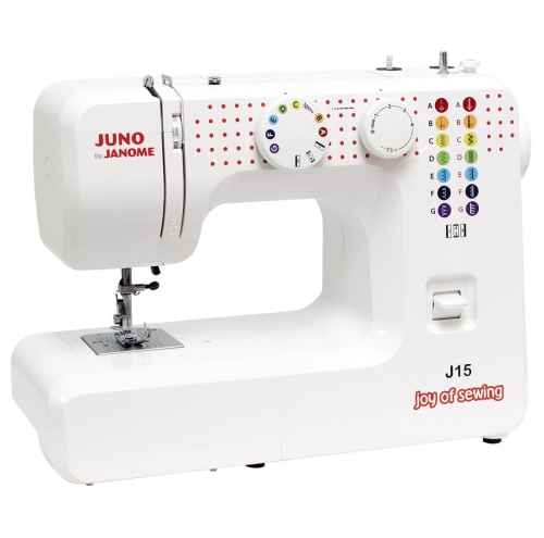 Maszyna do szycia Janome JUNO J15 w kolorze białym, z pokrętłem wyboru ściegów i panelami z kolorowymi symbolami. Ujęcie frontalne, na stół, z widocznym logo joy of sewing. Przeznaczona dla początkujących krawców.