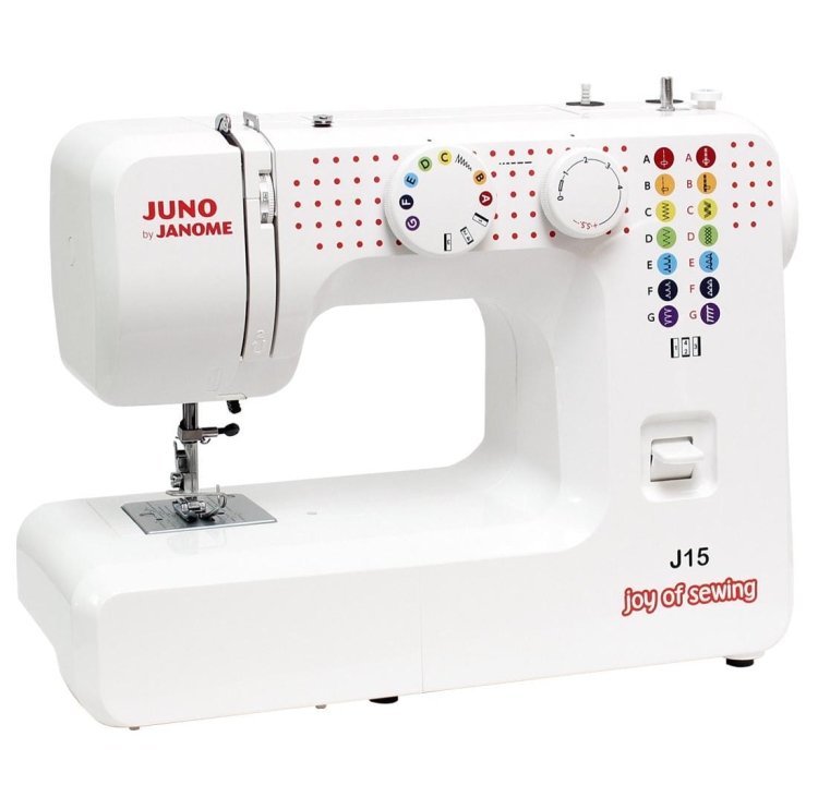 Maszyna do szycia Janome JUNO J15 w kolorze białym, z pokrętłem wyboru ściegów i panelami z kolorowymi symbolami. Ujęcie frontalne, na stół, z widocznym logo joy of sewing. Przeznaczona dla początkujących krawców.