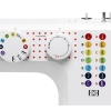 Maszyna do szycia Janome JUNO J15 w białej obudowie. Widoczne pokrętła do wyboru ściegów oraz regulacji długości, oznaczone kolorowymi symbolami i cyframi. Na panelu znajdują się także czerwone kropki i czytelne oznaczenia ściegów.