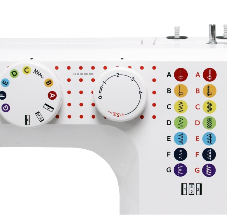 Maszyna do szycia Janome JUNO J15 w białej obudowie. Widoczne pokrętła do wyboru ściegów oraz regulacji długości, oznaczone kolorowymi symbolami i cyframi. Na panelu znajdują się także czerwone kropki i czytelne oznaczenia ściegów.