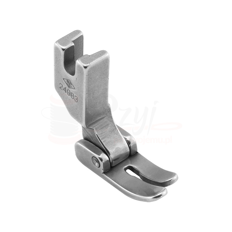 Stopka uniwersalna P35 (24983) w kolorze metalicznym, wykonana ze stali, z charakterystycznym kształtem. Ujęta z boku, z widocznym numerem 24983. Idealna do maszyn do szycia, funkcjonalna i łatwa w montażu.