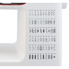 Maszyna do szycia Janome DXL603 z widocznym panelem, na którym znajdują się różne wzory ściegów. Na białym tle umieszczono graficzne symbole ściegów, oznaczone numerami od 00 do 59, co ułatwia wybór odpowiedniego wzoru.