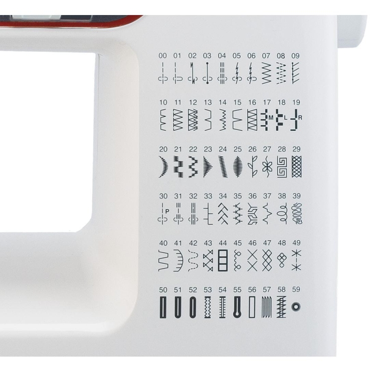 Maszyna do szycia Janome DXL603 z widocznym panelem, na którym znajdują się różne wzory ściegów. Na białym tle umieszczono graficzne symbole ściegów, oznaczone numerami od 00 do 59, co ułatwia wybór odpowiedniego wzoru.