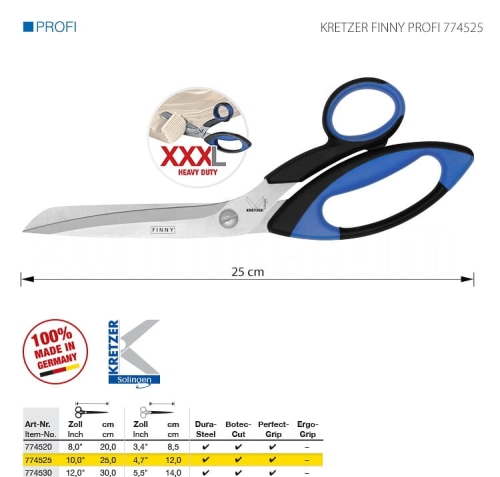 Nożyce krawieckie Kretzer Finny Profi 774525 o długości 25 cm, z ostrzami ze stali Dura-Steel. Rękojeść z ergonomicznym uchwytem w niebieskim kolorze, z czarnymi akcentami. Przeznaczone do intensywnego użytku, idealne dla krawców i rzemieślników.