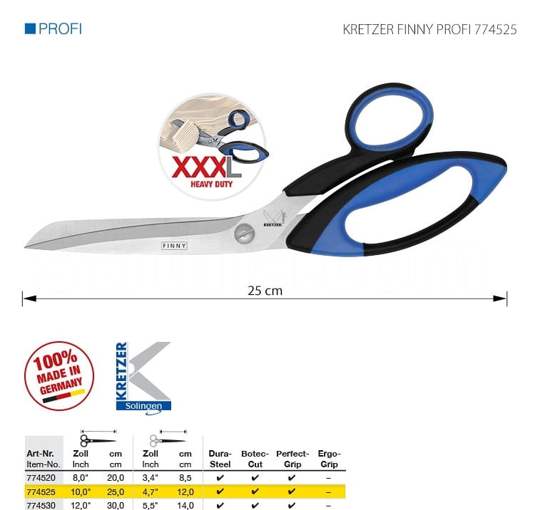 Nożyce krawieckie Kretzer Finny Profi 774525 o długości 25 cm, z ostrzami ze stali Dura-Steel. Rękojeść z ergonomicznym uchwytem w niebieskim kolorze, z czarnymi akcentami. Przeznaczone do intensywnego użytku, idealne dla krawców i rzemieślników.