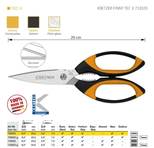 Nożyce krawieckie Kretzer Finny Tec XX 733020 o długości 20 cm, z ostrzami ze stali Dura-Steel, czarną rękojeścią z pomarańczowymi akcentami. Wyposażone w ząbkowane ostrze, idealne do tkanin aramidowych, w kontekście użytkowania w warsztatach krawieckich