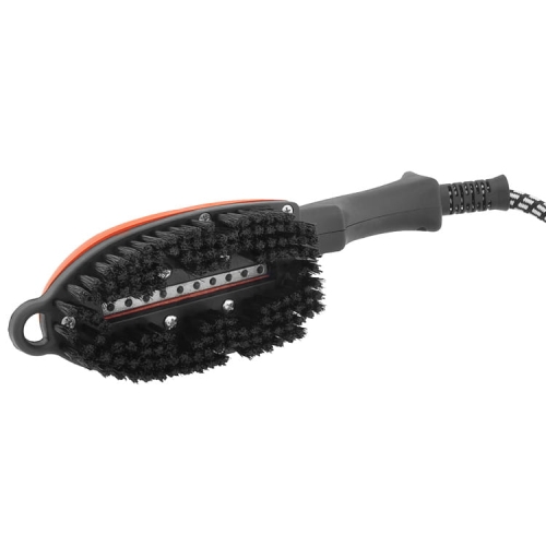 Szczotka elektryczno-parowa SPEEDY do finiszu, z ergonomicznym uchwytem, czarnymi włosiami i metalową powierzchnią do wygładzania. Widoczny kabel zasilający. Produkt leżący na płaskiej powierzchni, w układzie frontalnym.