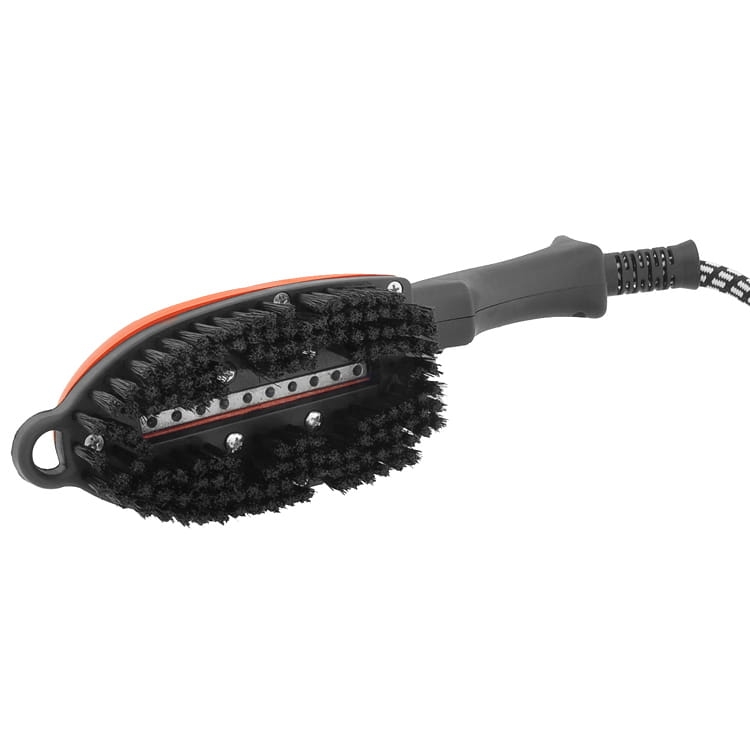 Szczotka elektryczno-parowa SPEEDY do finiszu, z ergonomicznym uchwytem, czarnymi włosiami i metalową powierzchnią do wygładzania. Widoczny kabel zasilający. Produkt leżący na płaskiej powierzchni, w układzie frontalnym.