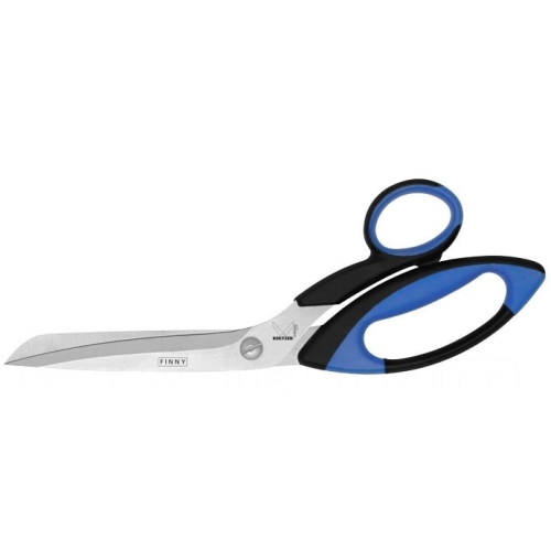 Nożyce krawieckie Kretzer Finny Profi 774525 o długości 25 cm, z ostrzami ze stali nierdzewnej. Czarny uchwyt z niebieskimi akcentami, ergonomiczny kształt. Ujęcie frontalne, stojące, na białym tle. Widoczne logo FINNY.