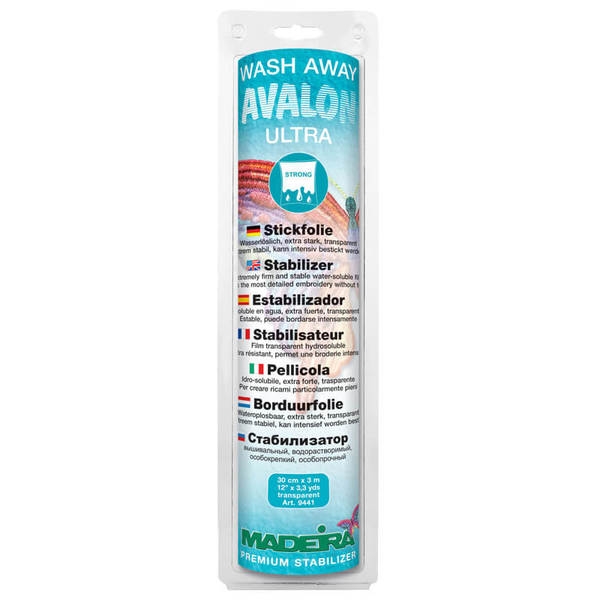 Stabilizator rozpuszczalny Madeira Avalon Ultra w rolce o wymiarach 30 cmx3 m. Transparentna folia z opisem w kilku językach, w tym niemieckim i francuskim, z napisem WASH AWAY oraz logo producenta. Opakowanie pionowe z widoczną informacją o produkcie.
