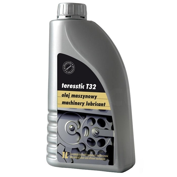 Butelka oleju do maszyn szybkoobrotowych TERESSTIC T32 o pojemności 1 litra, w kolorze szarym, z etykietą zawierającą napisy olej maszynowy i machinery lubricant. Kształt butelki ergonomiczny, z zakrętką na górze.