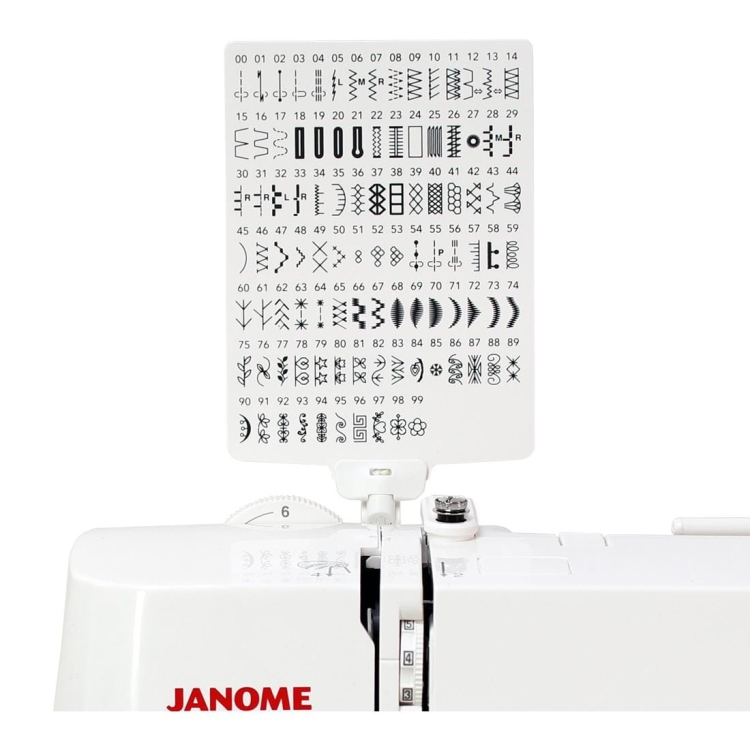 Maszyna do szycia Janome DC6100 z wyświetlaczem wzorów szycia. Na białym tle widoczny panel z różnorodnymi wzorami w czerni, z pokrętłem i logo Janome. Ujęcie z góry, ukazujące szczegóły i funkcje maszyny.