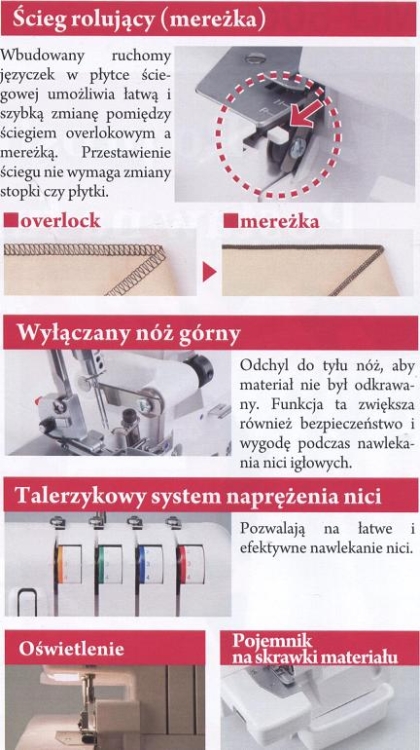Owerlok JUKI MO-50e 4-nitkowy z wbudowanym ruchomym języczkiem do zmiany ściegów, wyłączanym nożem górnym, talerzykowym systemem nap tension, oświetleniem oraz pojemnikiem na skrawki materiału. Ujęcie zbliżeniowe na detale.