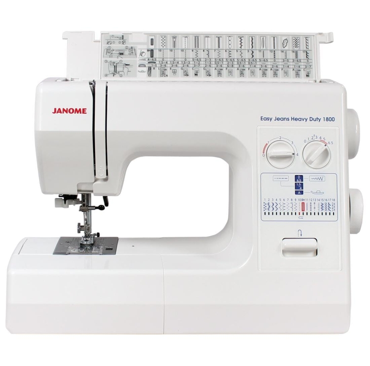 Maszyna do szycia Janome HD1800 Easy Jeans w kolorze białym, z widocznym panelem sterującym i różnymi ściegami. Ujęcie frontalne, stojąca, z odkrytym mechanizmem szyjącym. W zestawie gratis.