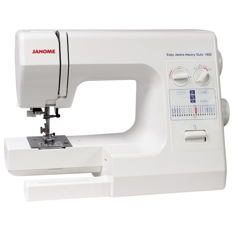 Maszyna do szycia Janome HD1800 Easy Jeans w kolorze białym, z widoczną stopką, podwójnymi pokrętłami do regulacji oraz panelem z wyborem ściegów. Ujęcie z boku, z widoczną przestrzenią roboczą i mechanizmem szycia.