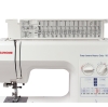 Maszyna do szycia Janome HD1800 Easy Jeans w kolorze białym, z panelem kontrolnym z pokrętłami i wyświetlaczem. Na górze widoczna tabela ściegów. Stojąca, gotowa do użycia, z metalowymi elementami i widoczną igłą.
